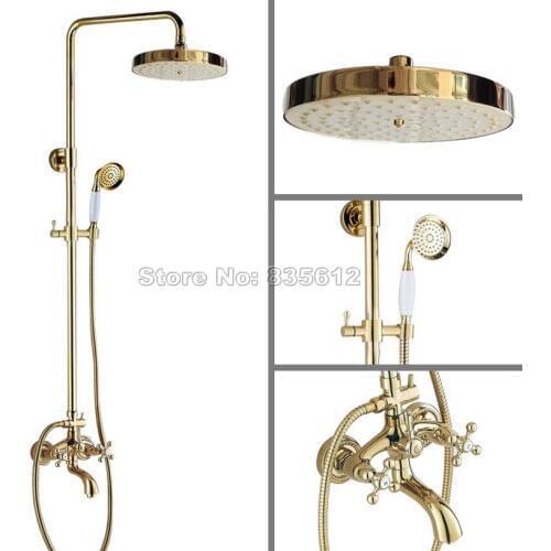 Wall Mounted Gold Color Brass Round Shower Head Rain Shower Faucet Set with Dual Cross Handles Bathroom Bathtub Mixer Tap Wgf455