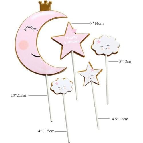 Clouds Cake Topper Happy Birthday Cupcake Topper Moon Crown Party Dessert Wedding Decoration Baby Shower Baking Supplies DIY New