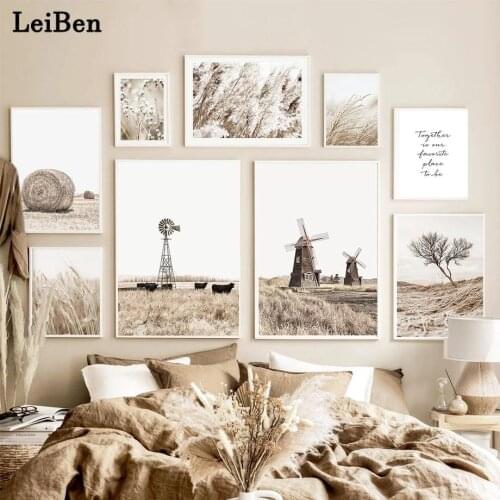 Autumn Landscape Wall Art Canvas Painting Windmill Reed Wheat Tree Nordic Poster And Prints Wall Pictures For Living Room Decor