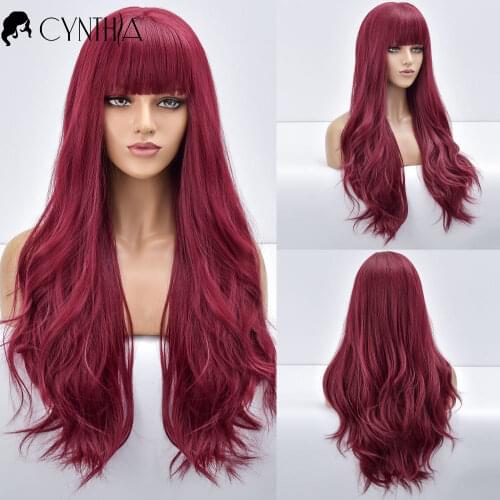 Long Natural Wave Synthetic Wigs With Bangs For Women Heat Resistant Colorful Fiber Curly Fake Hair Fiber Cosplay Wavy Wigs