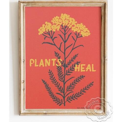 Plants Heal Poster, Inspirational Quote Wall Stickers, Botanical Handwritten Font Art Prints, Yellow Flower Abstract Home Decor