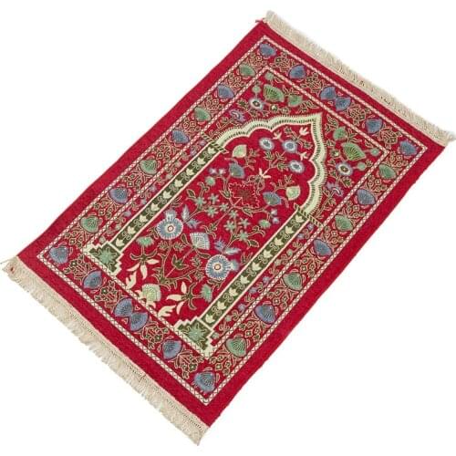Portable Muslim Prayer Rug Thick Islamic Turkish Chenille Praying Mat Vintage Floral Leaves Pattern Woven Tassel Blanket