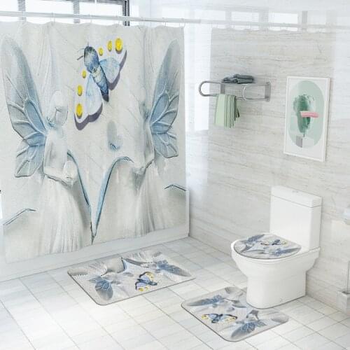Modern Bathroom Mats Set Bath Rug and Shower Curtain 4pcs Anti-slip Shower Washable Foot Rug Home Decoration Toilet Floor Mat