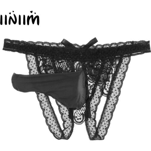 Mens Male Low Rise Crotchless Lingerie Panties Lace Briefs Elastic Waistband Bulge Pouch Open Butt Bowknot Underwear Underpants