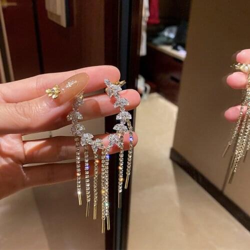 Geometric Leaf Zircon Crystal Earrings for Women Bijoux Long Tassel Ear Clip Rhinestone Dangle Earrings Weddings Jewelry