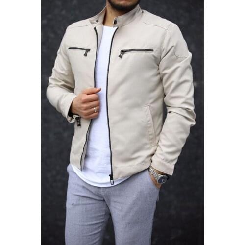 Male Beige Color Zipper Detail Spring Jacket