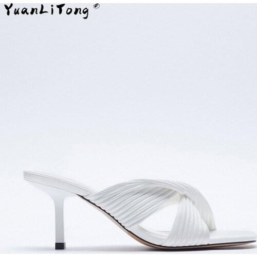 New Sandals For Women 2021 Summer White Temperament Small Pleated Pull Strap High-Heeled Sandals Fashion Shoes