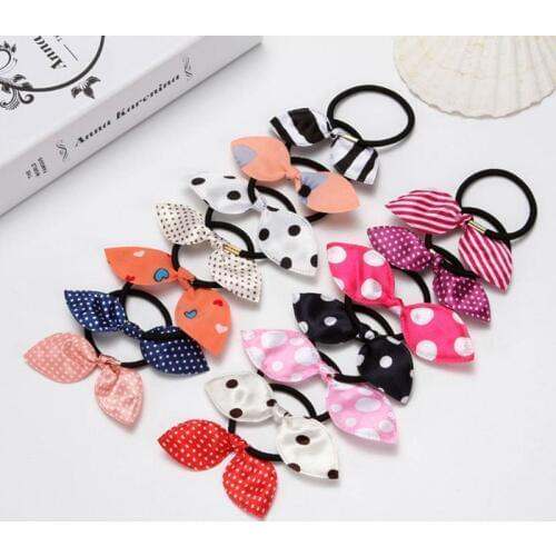 Women Girl Cute Long Rabbit Ears Bowknot Elastic Hair Rope Polka Dot Stripe Heart Cloth Rubber Band Metal Buckle Ponytail Holder