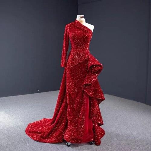 Dubai Luxury One Shoulder Evening Dresses 2020 For Women Sequined Sparkle Mermaid Sexy Formal Party Gown