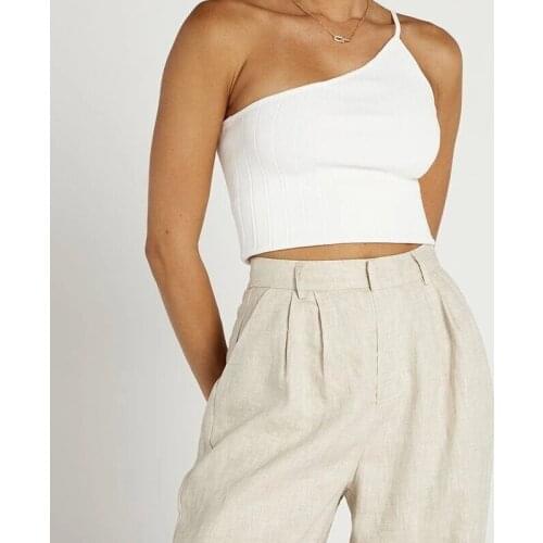 ZXQJ Women 2021 Fashion Irregular One Shoulder Cropped Knit Tank Tops Vintage Sleeveless Slim Female Camis Mujer