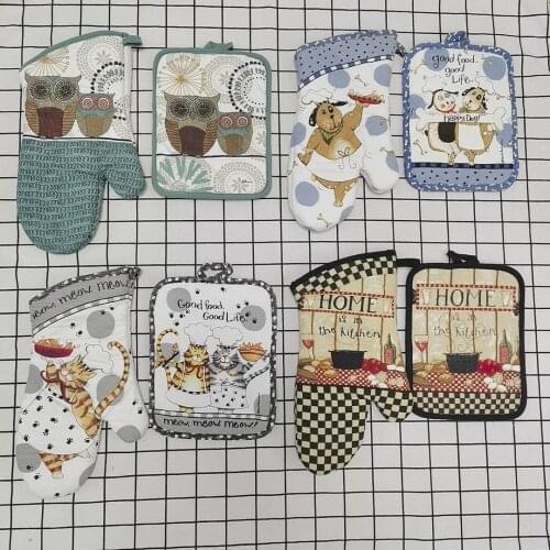 2Pcs/set Hot Oven Mitts Baking Anti-Hot Gloves Pad Oven Microwave Insulation Mat Cartoons Decoration Baking Kitchen Tools