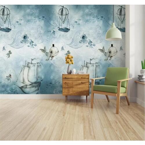 Custom 3d wallpaper Nordic hand-painted blue ocean world sailing background wall decoration silk waterproof material