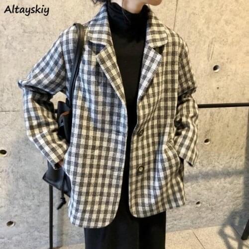 Blazers Women Plaid Ulzzang Leisure Trendy Loose Cozy Spring Elegant Vintage Popular Harajuku College Simple Single Breasted Ins