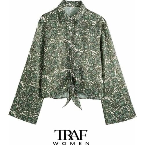 TRAF Za Women Fashion With Bow Tied Totem Print Cozy Blouses Vintage Long Sleeve Button-up Female Shirts Blusas Chic Tops