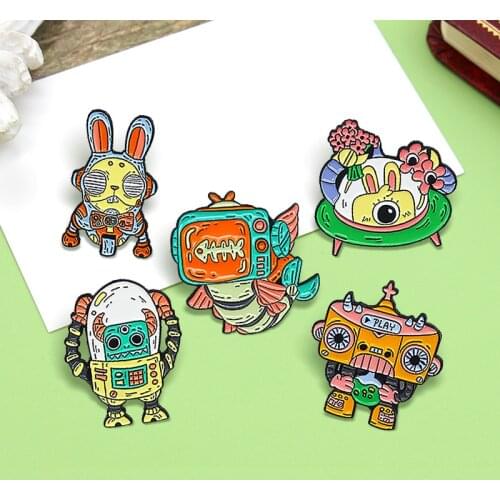 Alien Robot Monster Brooches Custom Fish Bull Rabbit Recorder TV monster Astronaut UFO Enamel pins Funny Badges Gifts Wholesale