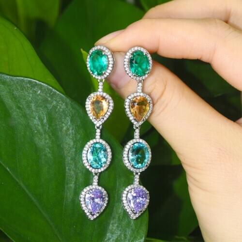 CWWZircons Green Blue Cubic Zircon Crystal Dangling Long Water Drop Ear Line Earrings Trendy Ladies Boho Party Jewelry CZ728