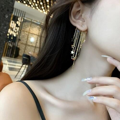 Gold Sequin Star Dangle Long Metal Chain Tassel Drop Earrings for Women Exaggerated Temperament Hanging Six-pointed Jewelry