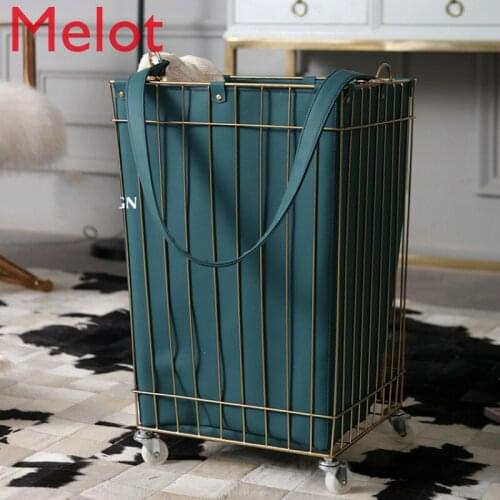 European Modern Bedroom Leather Dirty Clothes Storage Basket Simple Metal Household Dirty Clothes Basket Creative Decorations
