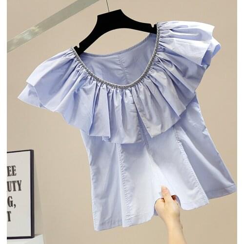 Exquisite Rhinestone Sweet Lotus Leaf Irregular Collar Pullover Shirt Women Crop Top Solid Color Blouse Blusas Mujer Summer 2021