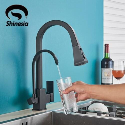 Shinesia Matte Black Purified Kitchen Faucet Pull Out Sprayer Drinking Water Hot and Cold Water Mixer Tap Pure Water Crane