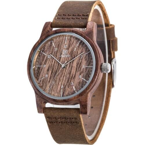 Minimalist Quartz Analog Unisex Brown Color Leather Strap Wood Bamboo Watch