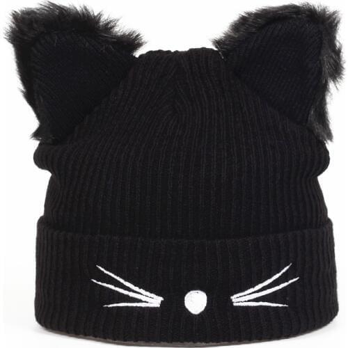 2018 new Women Winter Harajuku Woolen Knitting Beanie Devil Horns Black Cat Ear Crochet Braided Knitted Fur Cap Cute Girls Hat