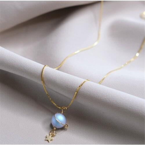 Handmade Mist Blue Pearl Planet Series Necklace 925 Silver Gold-plated Personality Clavicle Chain Tassel Earrings Ear Bone Clip