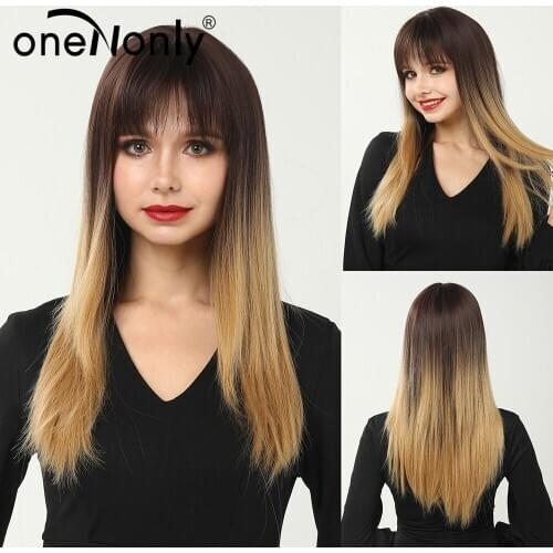 OneNonly Long Straight Ombre Brown Gradient Synthetic Wigs with Bangs for White Black Women Cosplay Daily Hair Heat Resistant
