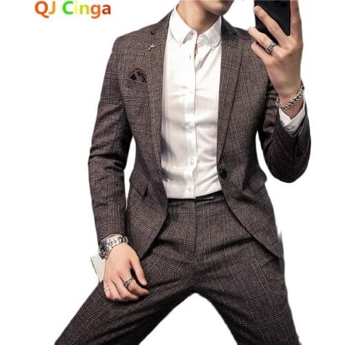 Jacket + Pants ) Boutique Fashion Mens Plaid Casual Business Suit High-end Social Formal Suit 2 Pcs Set Groom Wedding 5xl