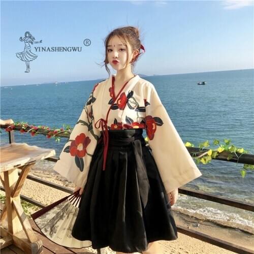 Japanese Dress Kimono Costume Woman Skirt Asian Femal Clothing Lady Yukata Haori Tops Print Kawaii Clothes Girls Party Robe Sets