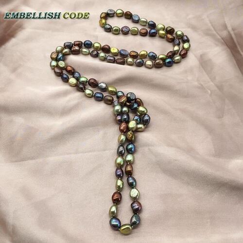 Stunning long necklace pearls blue Colourful Rope knotted twisted sheen blue brown yellow color semi baroque irregular for women