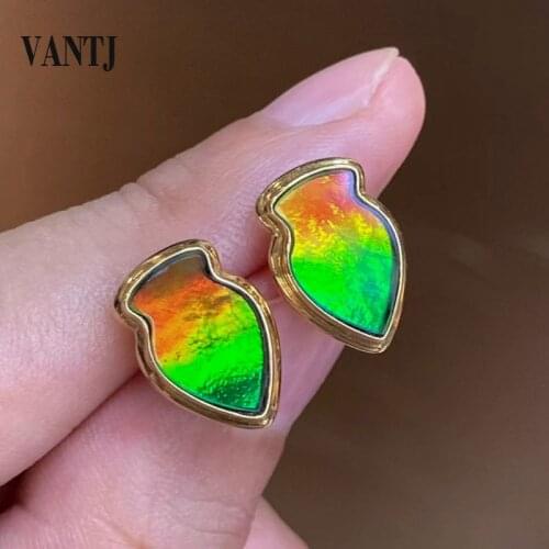 VANTJ Real Natural Ammolite Fish Earring Sterling 18K Yellow Gold Gemstone Ammonite Heart 8mm for Women Party Birthday Gift