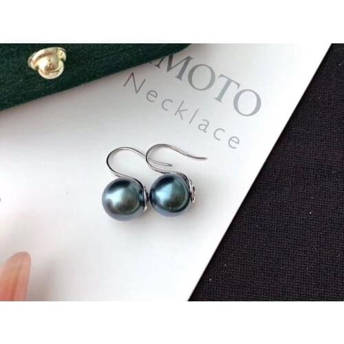 D607 Pearl Earrings Fine Jewelry Solid 18K Gold Round 8-9mm Nature Fresh Water Dark Blue Pearls Drop Earrings for Women Presents