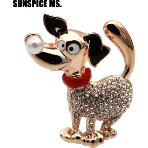 SUNSPICE MS. Cute Dog Brooches For Women Crystal Broches Animal Corsage Pins Kids Girls Shirt Clips Clothes Accessorries Gift