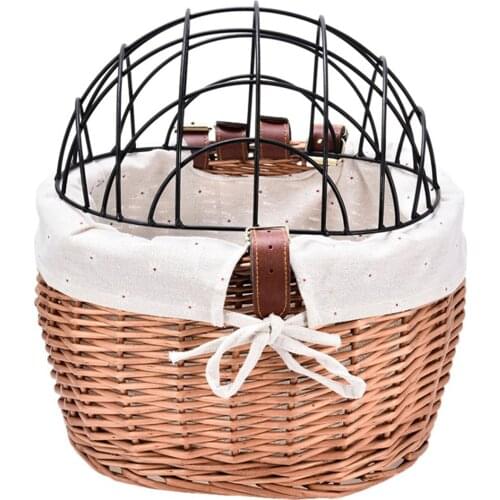 Bicycle Basket Metal Cover Woven Front Handlebar Wicker Bicycle Basket For Small Pet Carrier Storage Basket Panier Osier Fine