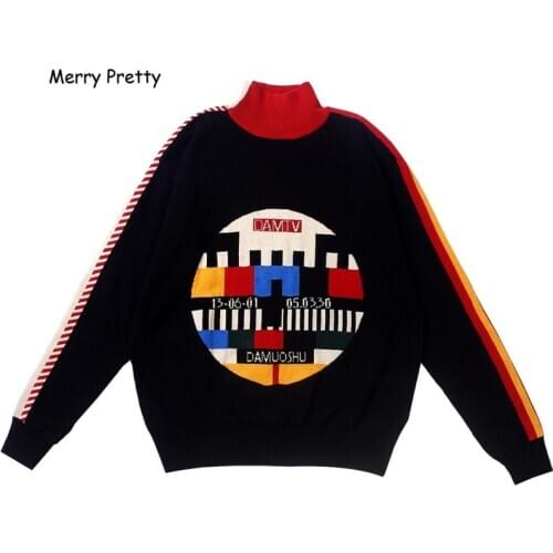 XUANHAO Women Vintage Black Sweater Jacquard Pullovers Knitted Geometric Jumpers Thick Warm Winter Turtleneck Sweaters