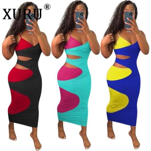XURU European and American Womens Dress Hot Sale Multi-color Color Matching Sexy Sling Dress Womens Clothing