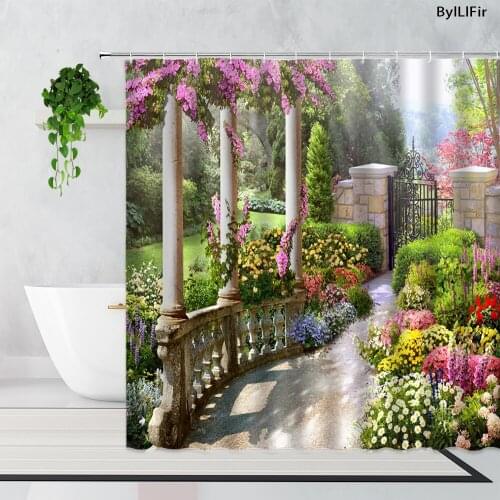 European Style Roman Column Garden Flowers Scenery Shower Curtains Plant Garden Bathroom Bath Curtain Sets With Hooks Home Decor