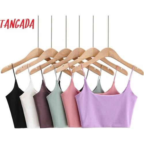 Tangada women sexy candy color strethy camis top spaghetti strap sleeveless backless short blouses shirts female solid tops 4P7