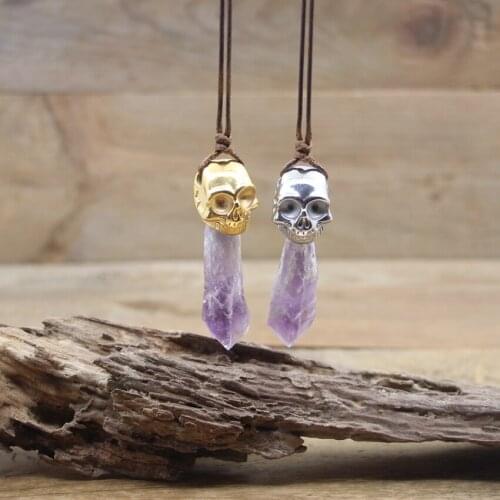 Large Size Raw Amethyst Point Pendants Gold/Silvery Skull Caps Natual Quartz Charms Necklaces Women Jewelry Dropshipping,QC3103