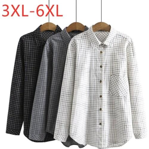 New 2021 Ladies Spring Autumn Plus Size Tops For Women Large Long Sleeve Loose White Plaid Cotton Pocket Shirt 3XL 4XL 5XL 6XL