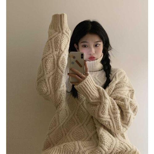 Women Autumn Winter Twist Turtleneck Long Sleeve Sweater Vintage Loose Knitted Pullovers Warm Casual Basic Jumper