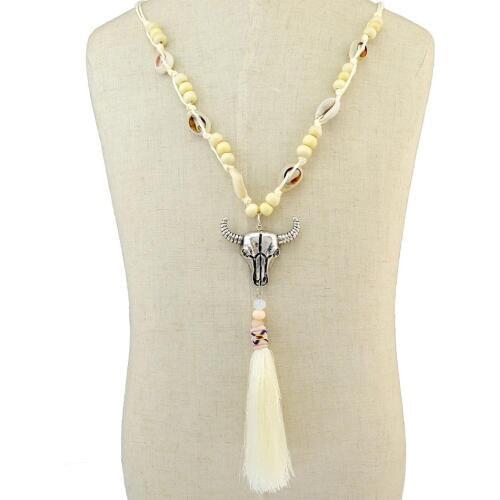 Ethnic White Rope Woven Bull Head Pendant Fringe Necklace Bohemian Beaded Shell Charms Necklaces Collier Femme for Women Tribal