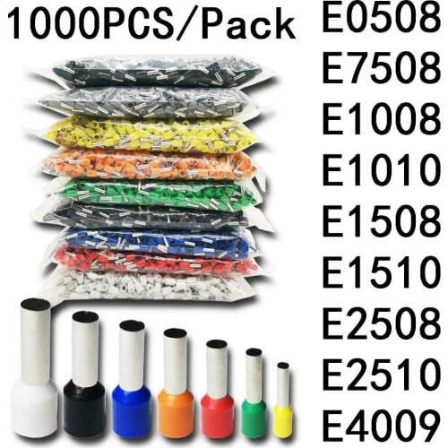 1000pcs/Pack E0508 E7508 E1008 E1508 E2508 Insulated Ferrules Terminal Block Cord End Wire Connector Electrical Crimp Terminator