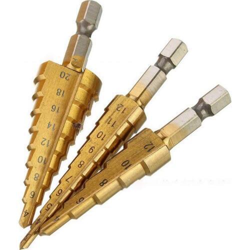 3Pcs/Set Step Drill Bit Steel Titanium Nitride Coated Straight Flute with Quick Change 1/4" HSS Hex Shank