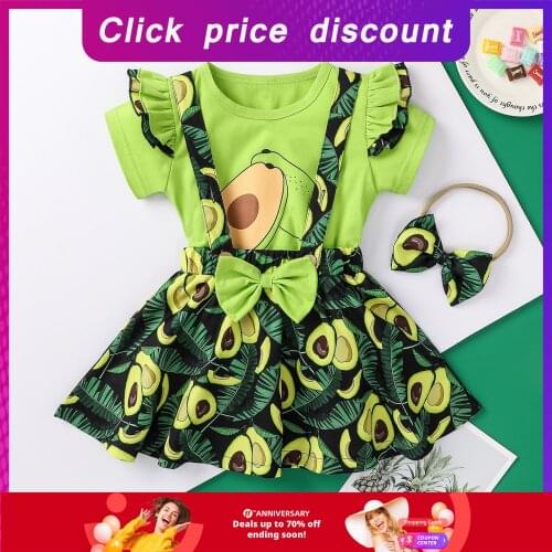 4# Avocado Summer Dress Kids Letter Printed Tops+fruit Floral Bow Suspender Dress For Girls Set Short Sleeve Childrens Dresses