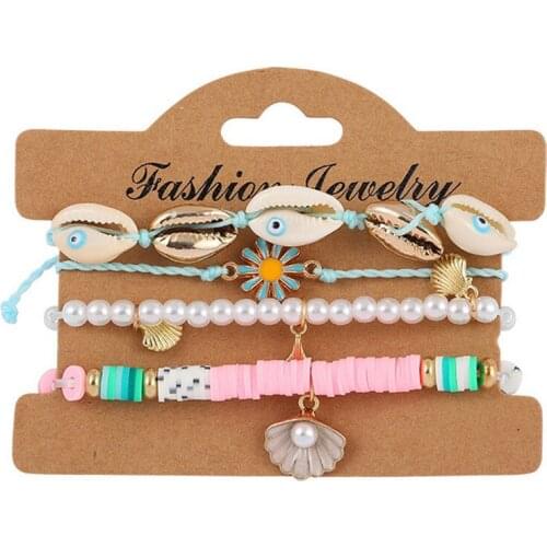 Bohemian Eyes 5Pcs Bracelet Sets Colorful Clay Bracelets Set Beach Conch Shell Handmade Braided Rope Lucky Jewelry Wholesale