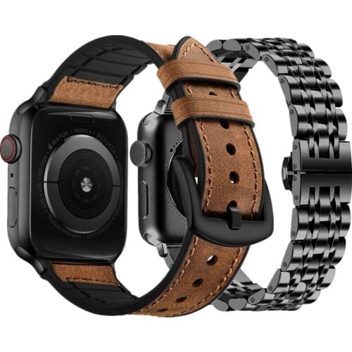 For Apple Watch Series 4 5 Band 44mm 40mm Genuine Leather and Stainless steel Link Bracelet for iWatch 1 2 3 38mm 42mm Strap