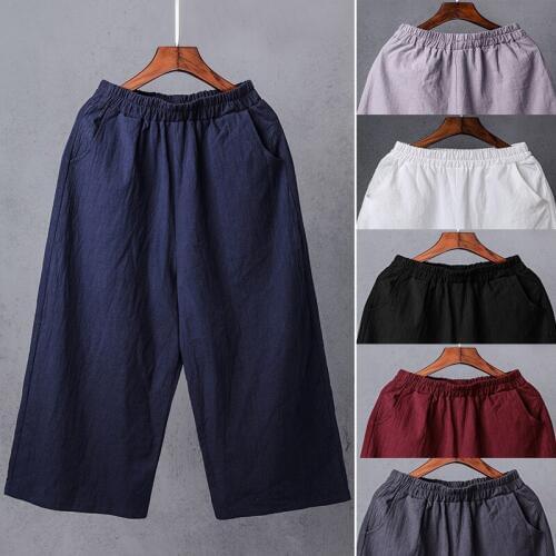 2019 Summer Cotton and Linen Pants for Women Thin Loose Wide Leg Pants Female Large Size Casual Elastic High Waist Pants R503