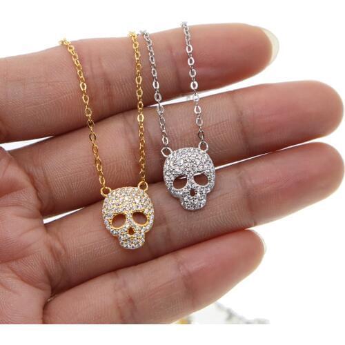 CZ hip hop jewelry boy girls fashion long chain real 925 silver gold color Skull pendant full cz skull mens cz tiny necklace